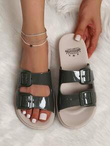 luofu New Fashion Women's Slippers, Outdoor Casual Double Buckle Sandals, Thick Sole EVA Material Comfortable Slippers, Indoor Non-Slip Slides, Leisure Slippers,Beach Outfits - Dark Green - View 9