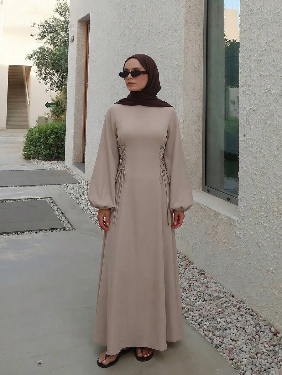 系带灯笼袖连衣裙 - 奶茶棕 - 查看 1