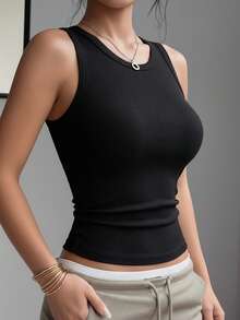 Women's Solid Black Elastic Ribbed Camisole - Fitted Sleeveless Soft & Comfortable Layering Top, Casual Daily Wear, New Spring/Summer Style - Black - View 4