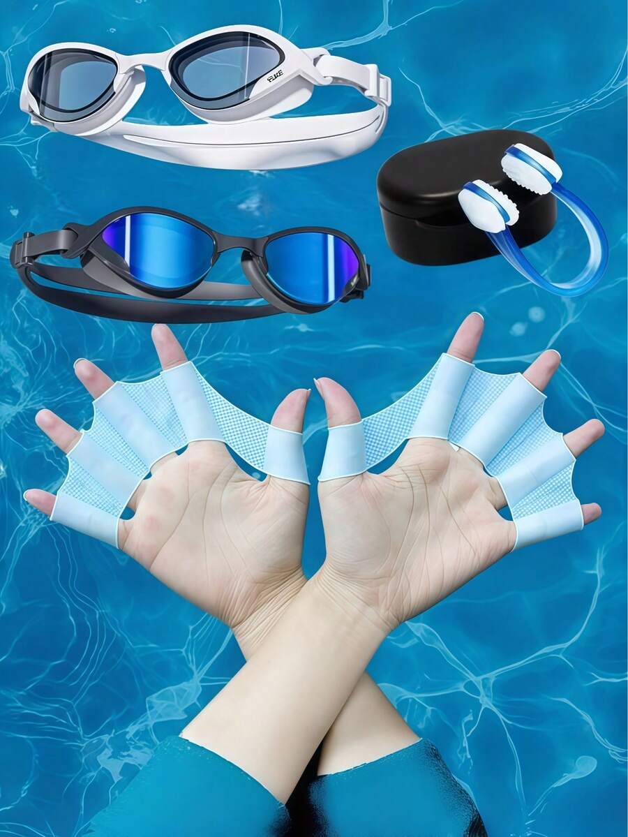 Bộ 3 phụ kiện bơi lội: Vây tay + Kẹp mũi + Kính bơi, Thích hợp cho người lớn, Tặng kèm vây bơi, Kẹp mũi silicon chống trượt, Kính bơi unisex, Thiết bị bơi lội, Đồ dùng bơi ngoài trời, Chất liệu silicon, Vây bơi, Thích hợp cho hồ bơi, bãi biển và tập luyện lặn, Vật dụng cần thiết cho bãi biển - Nhiều màu - Xem 1
