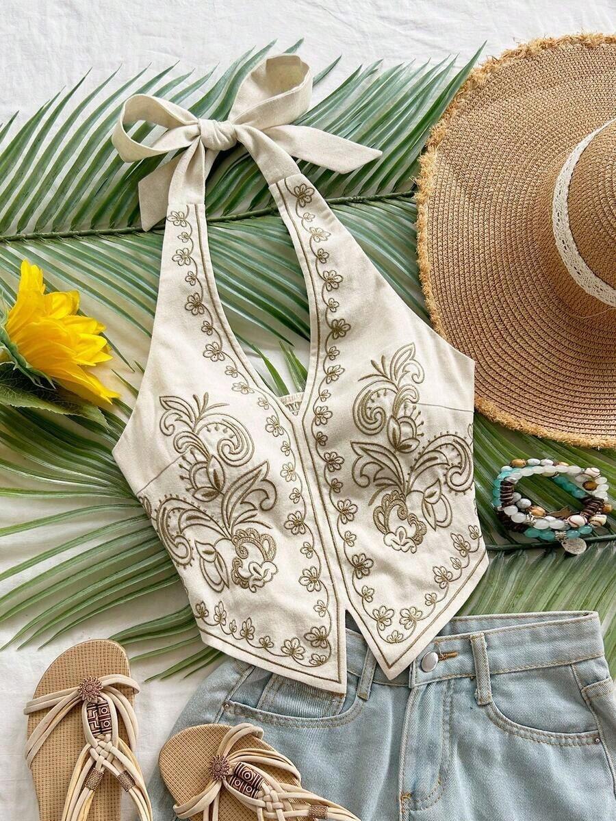 Winter And Summer Apricot Base Black Floral Embroidered Halter Backless Bowknot Cropped Top, Suitable Music Festivals Embroidered Top Western Top Halter Top Bandana Top Boho Top New Year Clothes Party Women Beach Elegant Tops Women Formal Floral Dress - 淺褐色的 - 查看 1