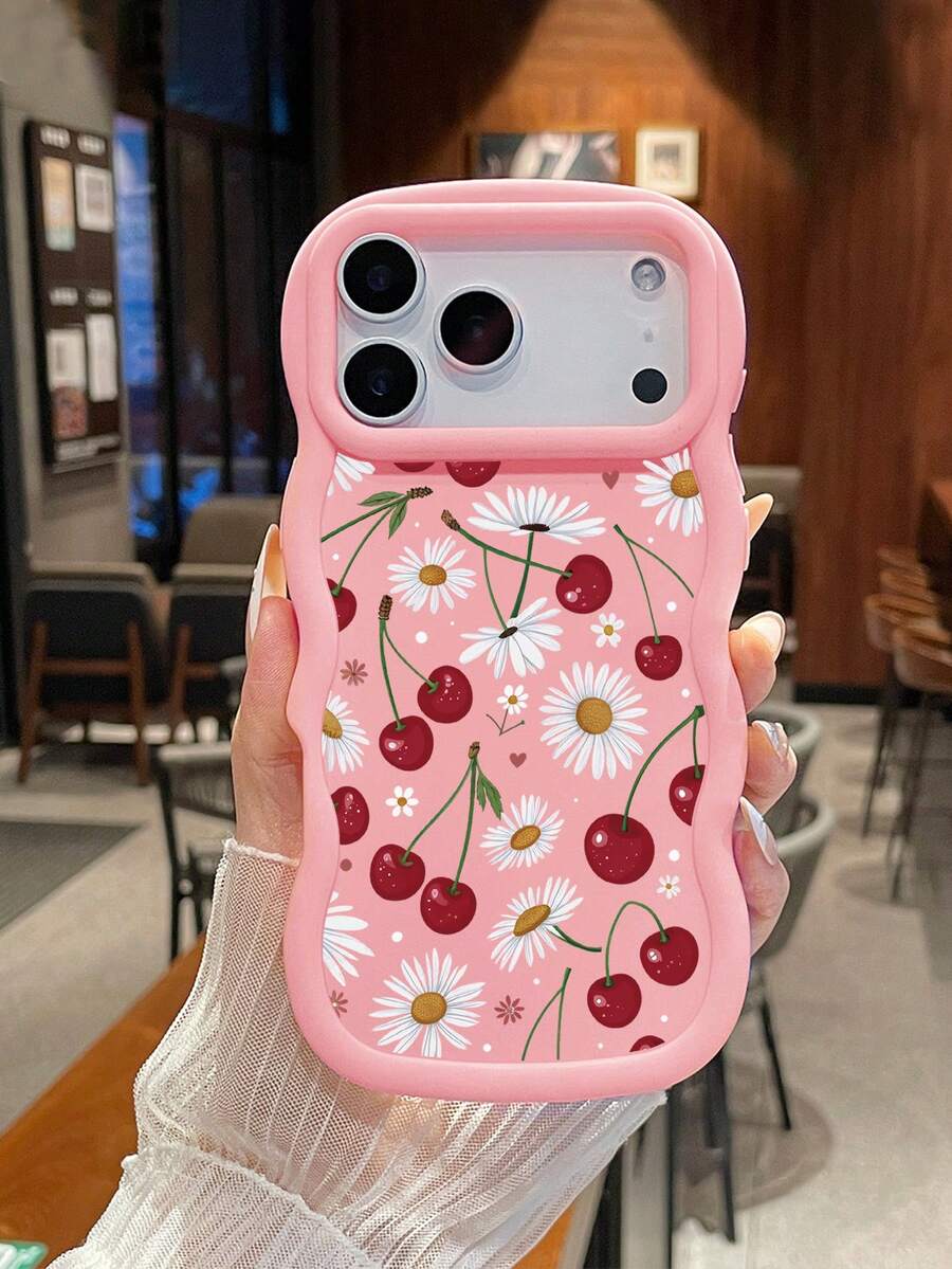 Ốp điện thoại hình hoa anh đào và hoa cúc dễ thương, viền lượn sóng, tương thích với iPhone & Galaxy - Hồng - Xem 1