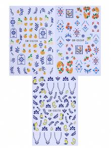 3pcs 3D Fruit Nail Stickers, Orange Lemon Blue Geometric Pattern Diamond & Circle French Design, Summer Spring 3D Self-Adhesive Nail Art Decals For Salon & DIY - Multicolor - View 11