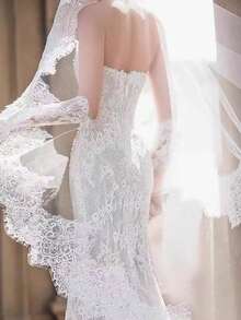 Elegant Soft Lace High-End Long Bridal Veil With Trailing, Suitable For Photography, Wedding Ceremony, And Bridal Makeup - 150cm - View 2