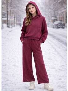 Girls' Winter Outfit With Hood And Wide Leg Pants – Comfortable, Warm, And Stylish ❄️ - Màu Hồng Tươi - Xem 1