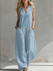 European And American Summer Women's Clothing Solid Color Double Pocket Casual Linen Cotton Sleeveless Jumpsuit - 橄欖綠 - 查看 7
