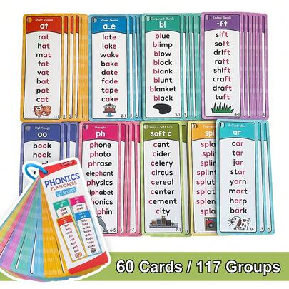 60 cartes 117 groupes de cartes éclair phonétiques, digrammes CVC, fusion, sons de voyelles brèves et longues, cartes éclair de mots courants pour enfants. Jouets éducatifs, fournitures pour activités d'apprentissage pour enfants