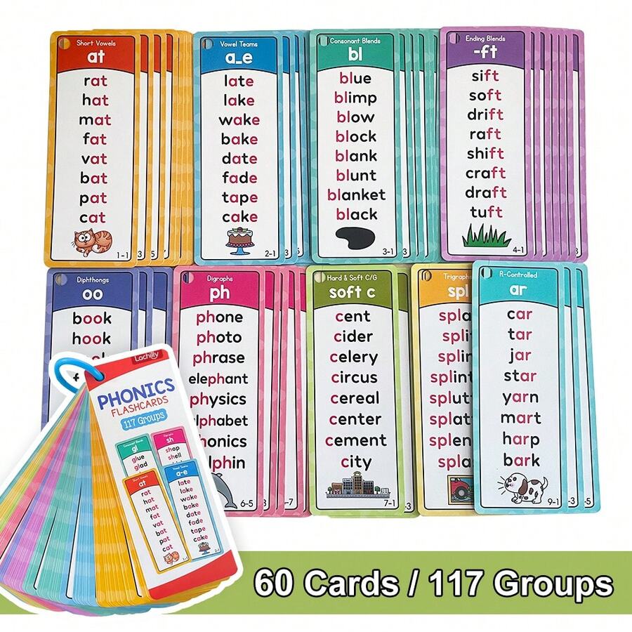 60 Cards 117 Groups Phonics Flash Cards, Digraphs CVC Blending Short Long Vowel Sounds, Sight Word Flash Cards For Children, Learning Educational Toys, Kids Learning Activities Supplies