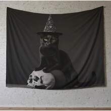 Witch Cat Tapestry, Black Cat Skull Wall Hanging, Wiccan Home Decor, Halloween Dorm Art, Gothic Witchcraft Altar Cloth, Witchy Room - Multicolor - View 1
