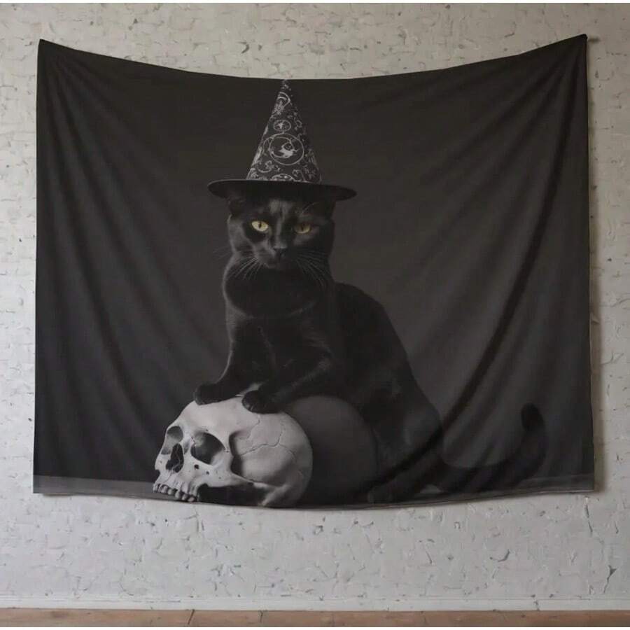 Witch Cat Tapestry, Black Cat Skull Wall Hanging, Wiccan Home Decor, Halloween Dorm Art, Gothic Witchcraft Altar Cloth, Witchy Room - Multicolor - View 1