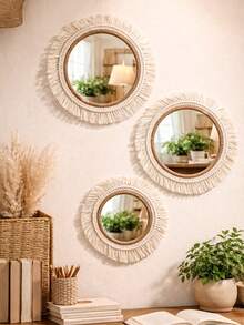 1件手工编织波西米亚风壁镜，流苏挂镜，墙面装饰，波西米亚风墙饰，匠心设计，高档墙面装饰，波西米亚亚克力镜，适用于卧室、客厅、儿童房 - 米色 - 查看 6