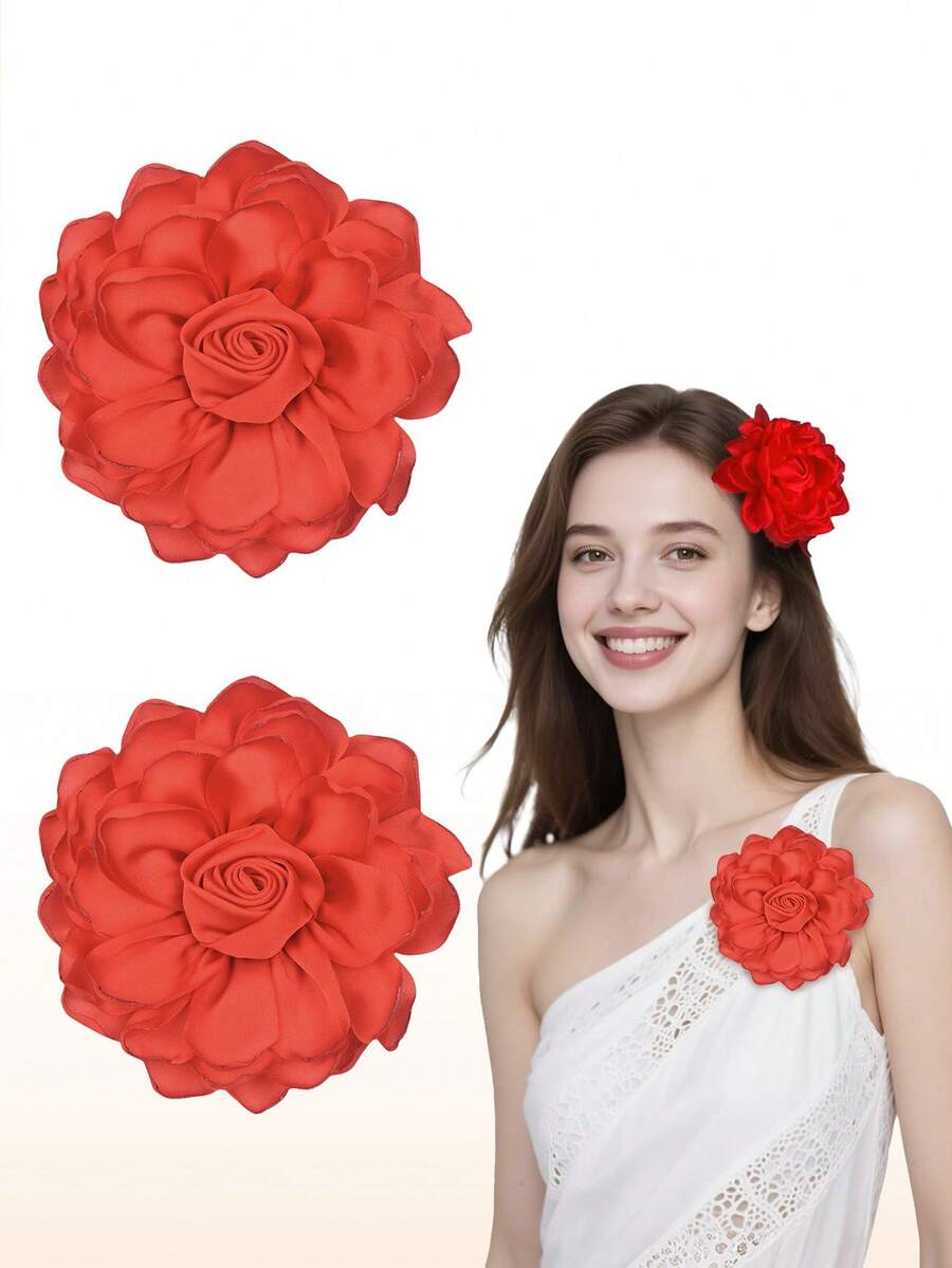 2 Pcs Rose Flower Hair Clip Big Brooches Lapel Pins Satin Floral Brooches Pin Clips For Women Wedding Party Banquet Dress Suit Dance Clothes Accessories Jewelry Gifts (Red),Summer,Beach - Red - View 1