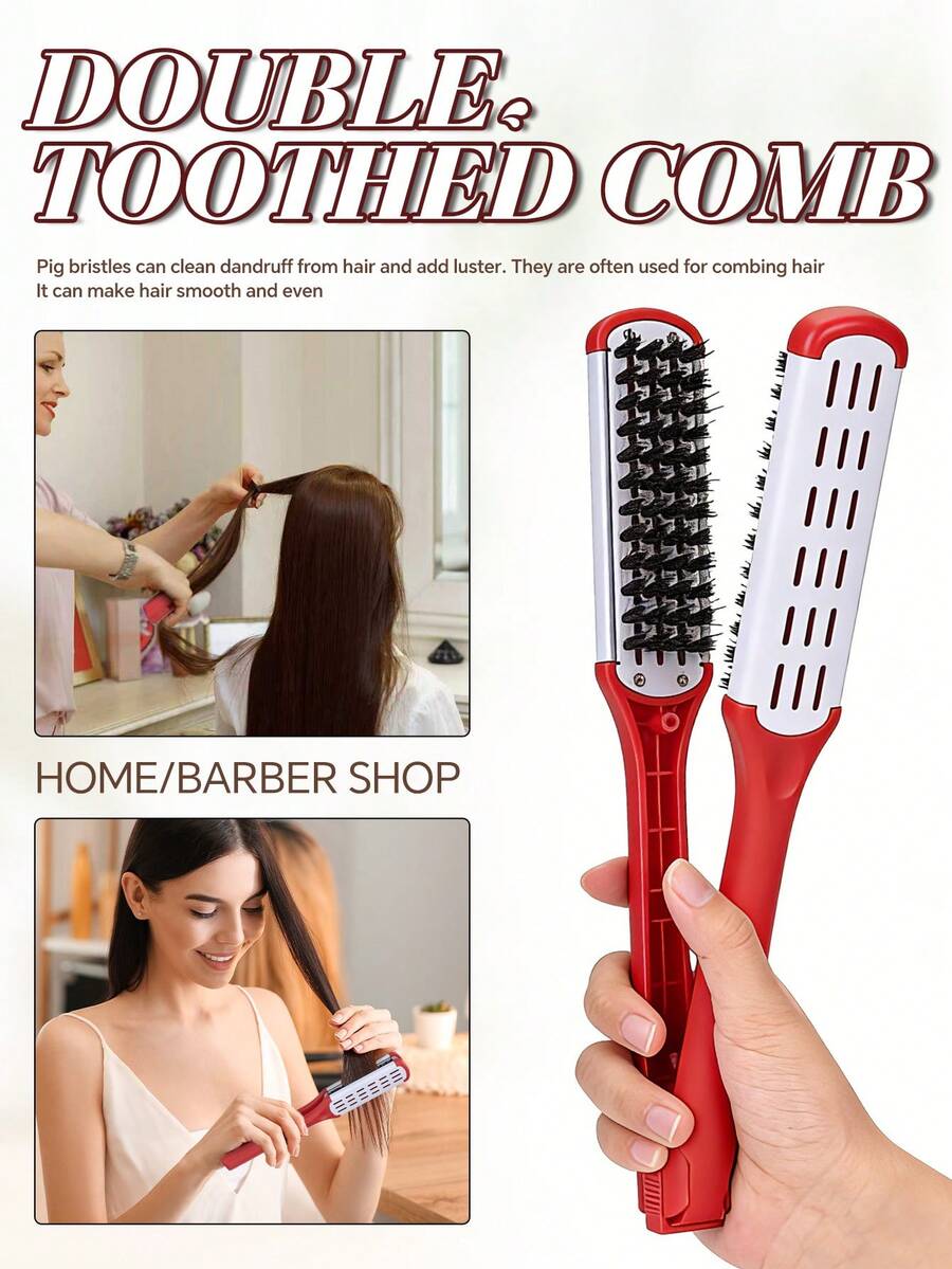 1支陶瓷直发梳，尼龙刷毛，V型桨状梳，适用于抚平并造型浓密粗硬的头发，双面直发梳，二合一梳理和直发梳，温和去除缠结。 - 彩色 - 查看 1