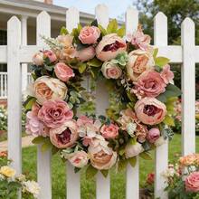1pc 45cm/17.72in Romantic Vintage Style Artificial Simulated Peony Flower Hanging Decorative Wreath For Thanksgiving, Harvest, Christmas, Valentine's Day, Mother's Day, Weddings, Holiday Party Mantel, Wall, Door Window, Staircase Decorative Wreath, Thanksgiving Gift - D - 查看 5