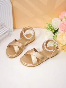 1 Pair Girls' Delicate Pearl Sandals For Versatile Occasion Summer Use - Gold - View 3