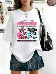 Hellstars Pixel Flame Head Progress Saved Y2K Graphic T-Shirt,220g 100% Cotton,Round Neck Short Sleeve,White Streetwear Essential For Summer Going Out,Unisex Style - White - View 1