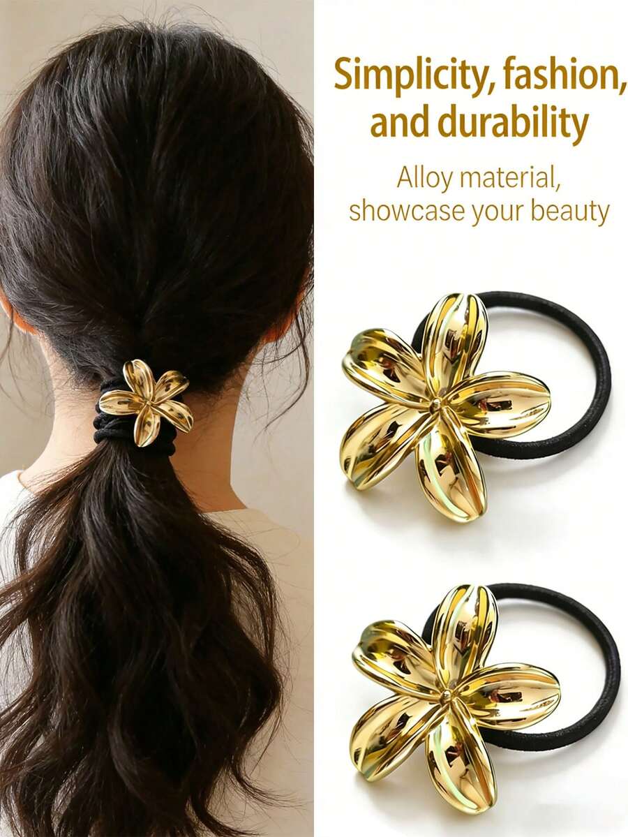 1/3 piezas Diadema de metal con flor de moda y sencilla, diadema de poliéster de alta elasticidad, adecuada para coletas, cabello semi recogido y moños altos, un accesorio de cabello versátil para el uso diario casual de las niñas - Dorado - Ver 1