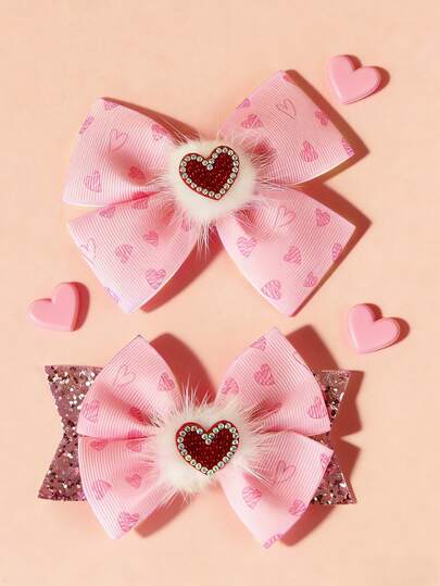2pcs Heart Print Bow Hair Clips, Plush With Rhinestone Heart Decor, Great Gift Choice