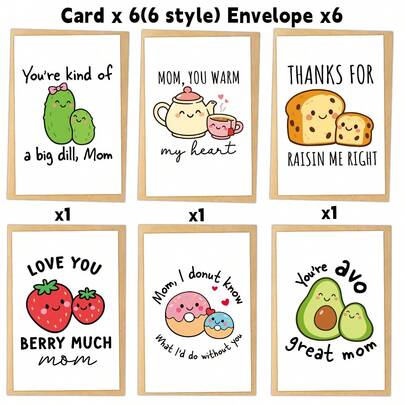 6张趣味食物双关语母亲节贺卡，附信封，幽默妈妈主题贺卡，适用于生日、母亲节、感谢、节日等场合，母亲节和生日礼物送给妈妈