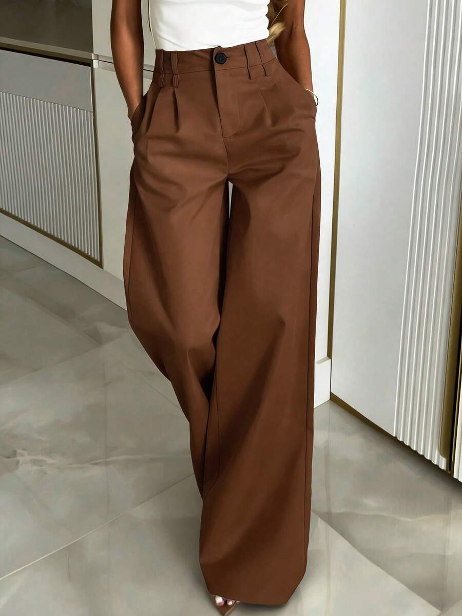 Quần ống rộng xếp ly màu trơn có túi dành cho nữ cỡ lớn, kiểu dáng thường ngày, đa năng, thích hợp mặc vào mùa xuân. - Cà phê nâu - Xem 1