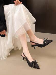 Sexy Pointed Toe Lace Petal Bow Black & White Stiletto High Heel Pumps, Fashionable Breathable Heels To Match Bodycon Dress Or Mini Dress - Black - View 4