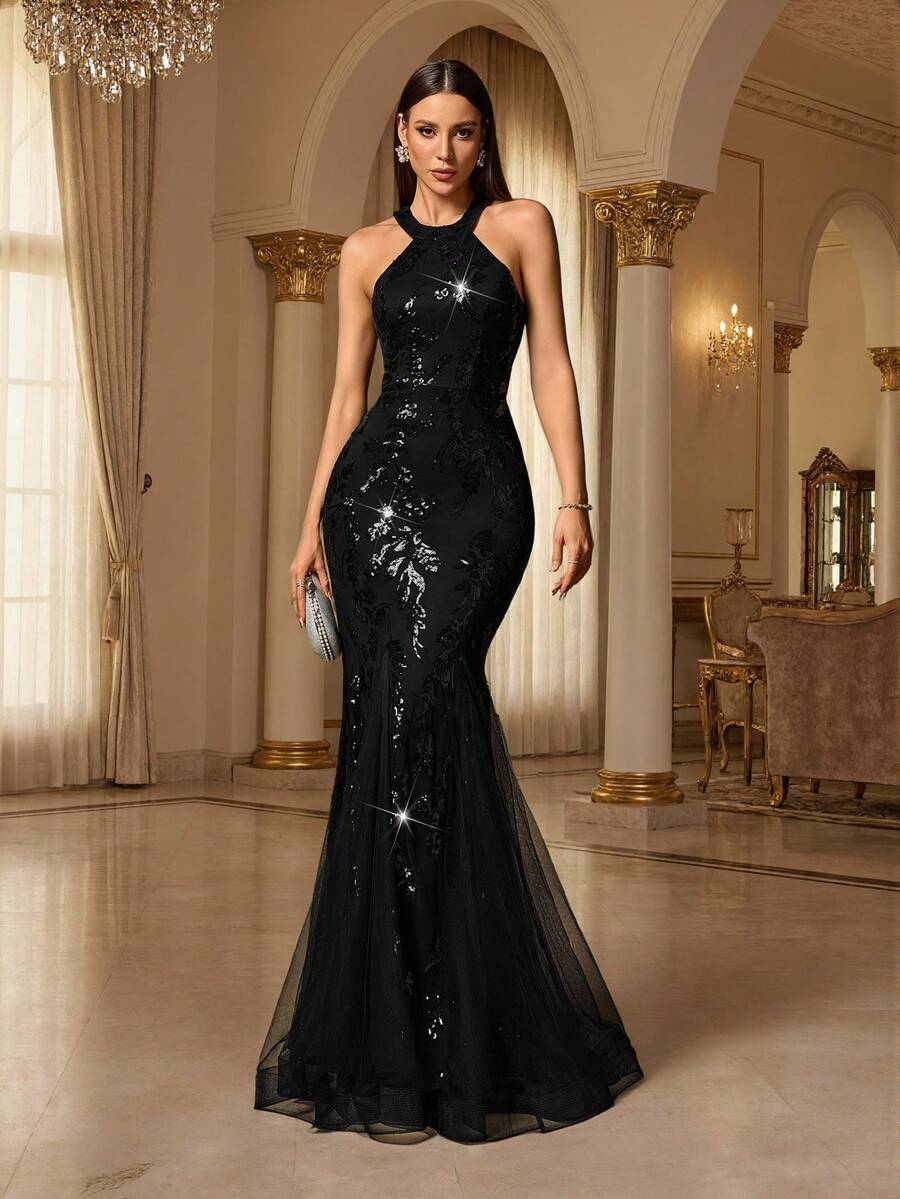 夏季无袖亮片紧身派对礼服，高品质弹力面料，优雅奢华美人鱼裙摆纯色晚礼服，简约设计，适合新娘、婚礼宾客等场合，也适合毕业典礼、宴会、生日等场合。 - 黑色 - 查看 1