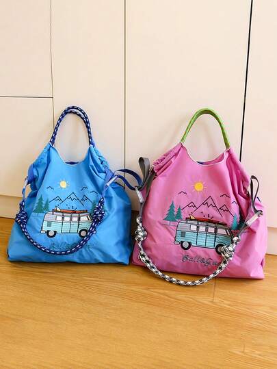 1个新款时尚刺绣山路巴士图案轻便尼龙大容量可折叠购物袋，适合派对、旅行、购物、海滩、单肩斜挎手提包