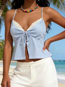 Camiseta de tirantes sin mangas con cuello halter y espalda descubierta, cuello en V y rayas para mujer. - Azul - Ver 2