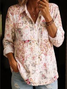 女士印花宽松翻领纽扣衬衫，优雅休闲长袖上衣，适合春夏办公及日常穿着，夏季度假装扮，夏季上衣，白色全印花长袖衬衫 - 白色 - 查看 6
