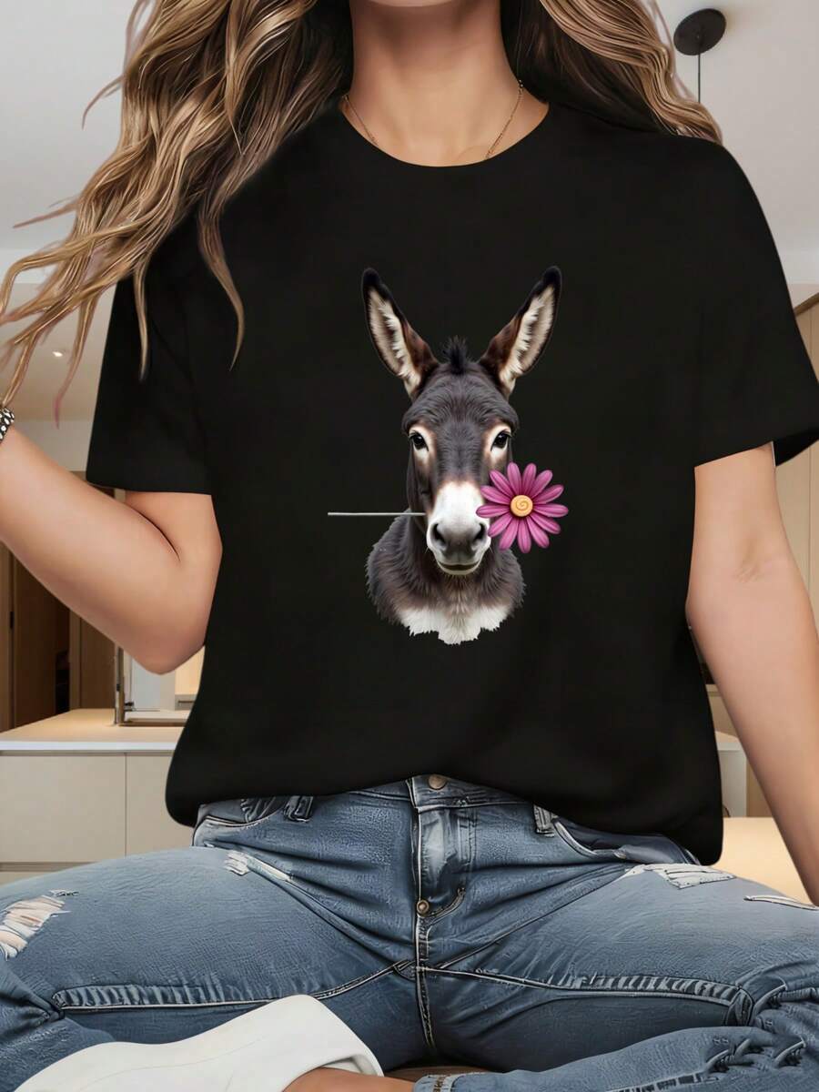 Flower-Holding Cute Donkey" - Women's Fashion Casual Sporty Style - Breathable, Sweat-Absorbent, Lightweight, Comfortable, Soft Printed Sports T-Shirt - 黑色 - 查看 1