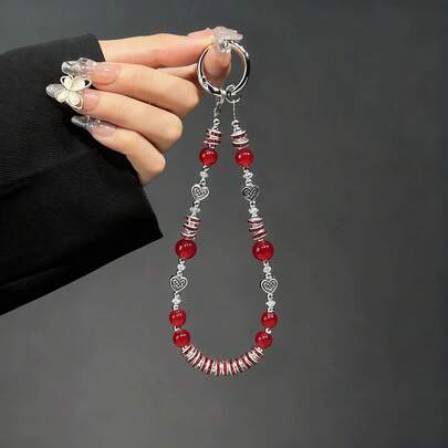 Elegant Heart-Shaped Crystal Rhinestone Phone Lanyard, Delicate White Moonstone Phone Hanging Chain