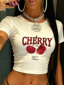 Y2K Cherry Print Crew Neck T-Shirt, 90s Retro Cropped Tight Short Sleeve Top, Cute Graphic Tee, Women Summer Crop Top Casual White - White - View 3