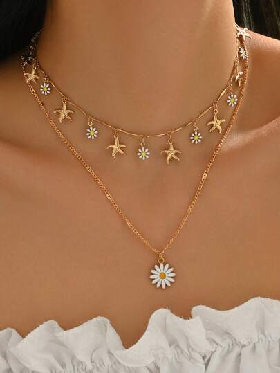 2pcs/Set Cute Daisy Flower Pendant Necklace, Adorable Starfish & Floral Tassel Jewelry Set, Suitable For Women's Daily Wear, Beach, Vacation, Handmade Adjustable Length
