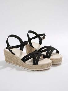 Plus Size Women's Summer Sandals, Hemp Rope Sole, Fashion Wedge Thick Bottom, Black & Yellow,Travel Essential - Black - View 6