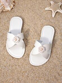 Girls' White Camellia & Pearl Embellished Slide Sandals, Elegant Open Toe Summer Shoes For Kids - White - View 4