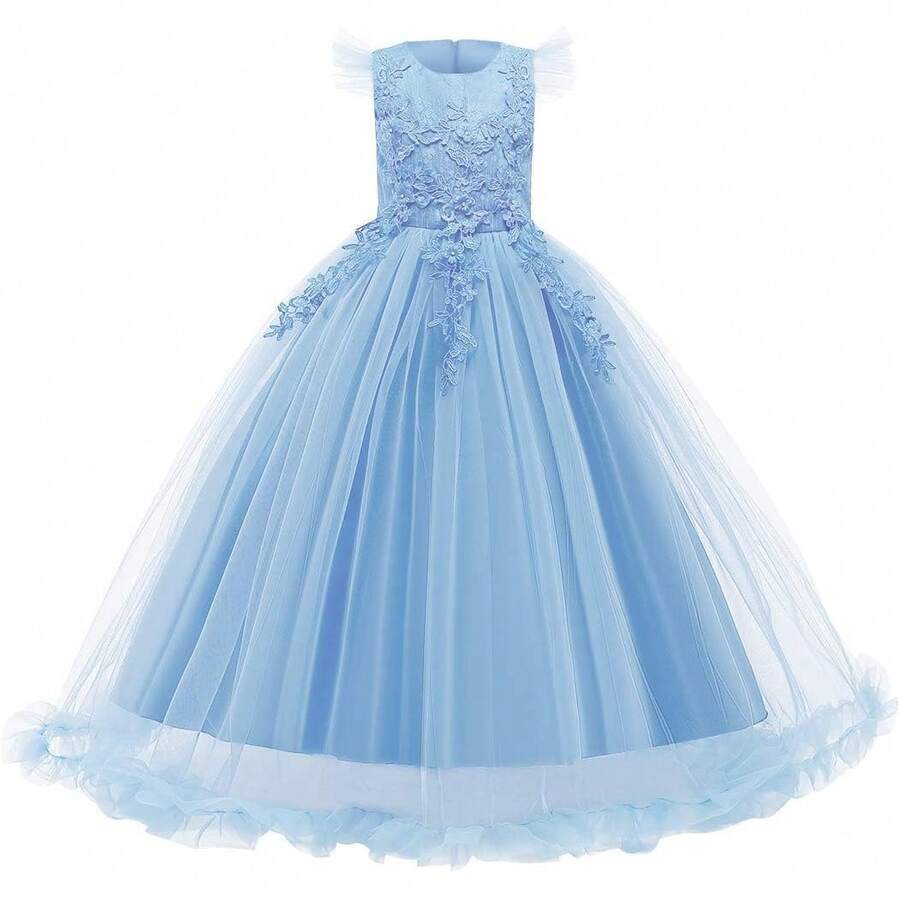 Vintage Lace Party Dress For Girls - Boho Style Maxi Gown For Pageant, Wedding & Celebration - Light Blue - 查看 1