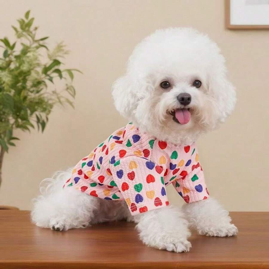 1件宠物T恤，轻薄透气，时尚爱心印花，适合小型犬、吉娃娃、猫咪 - 粉色 - 查看 1