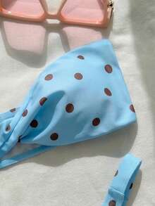 New Fashionable Sexy Polka Dot Print Strapless Detachable Strap Bikini Swimsuit For Women, Beach Party Vacation - Baby Blue - View 6
