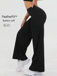 Women's High Waist Solid Color Loose Wide Leg Yoga Pants, Comfortable And Slimming, Suitable For Running, Fitness And Yoga - 黑色 - 查看 5