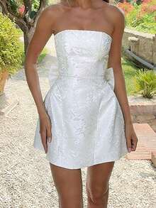 Women Summer Dress Jacquard Strapless Bowknot Decor Sleeveless Dress, Party, Formal, Dating, Or Other Occasions - 白色 - 查看 5