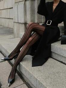 1 双竖条纹渔网袜，黑色复古风，通勤百搭，可搭配西装和高跟鞋 - 彩色 - 查看 7