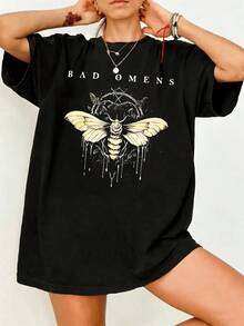 Gothic Moth Graphic 100% Cotton Vintage Oversized T-Shirt - màu đen - Xem 6