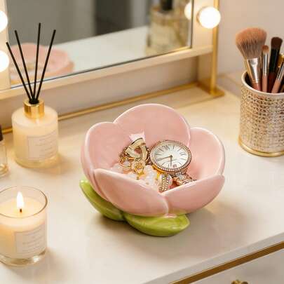 多功能花卉陶瓷托盘 - 梳妆台收纳盒，可放置戒指、钥匙和硬币，保持空间整洁。