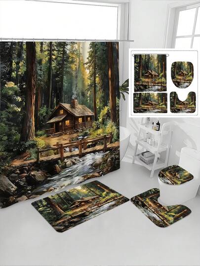 1/4pcs Solemn Forest Cabin & Stream Landscape Printed Waterproof Bathroom Curtain Set, Tranquil & Healing, Waterproof, Mildew-Resistant, Thick Polyester, No-Drill Installation, Anti-Slip Mat, Absorbent Toilet Pad, Digital Printing, Fade-Resistant, Machine Washable, All Season, Holiday Limited Edition