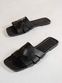 女士平底凉鞋，黑色方头休闲时尚沙滩鞋，百搭拖鞋 - 黑色 - 查看 4