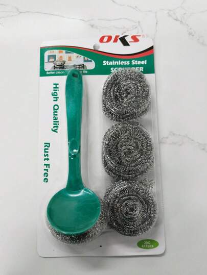 OKS 1个手柄 + 3个不锈钢洗碗刷套装 - 重型厨房清洁工具