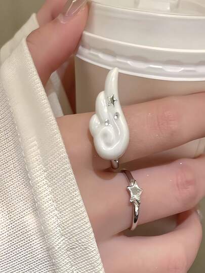 1 Set Korean Style Star Wing Open Ring Set, Minimalist Cute Plain Band Knuckle Rings, Unique Personality Stackable Rings Suitable For Women Daily Wear
