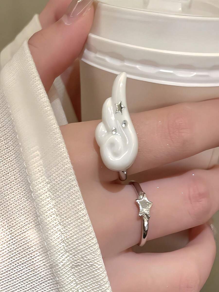 Bộ 1 chiếc nhẫn kiểu Hàn Quốc hình cánh sao, nhẫn đeo đốt ngón tay trơn đơn giản dễ thương, nhẫn xếp chồng độc đáo cá nhân hóa phù hợp cho nữ đeo hàng ngày. - trắng - Xem 1