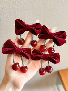 4pcs Vintage Velvet Bow & Cherry Hair Clips, Cute Side Bangs Clips For Girls - Multicolor - View 5