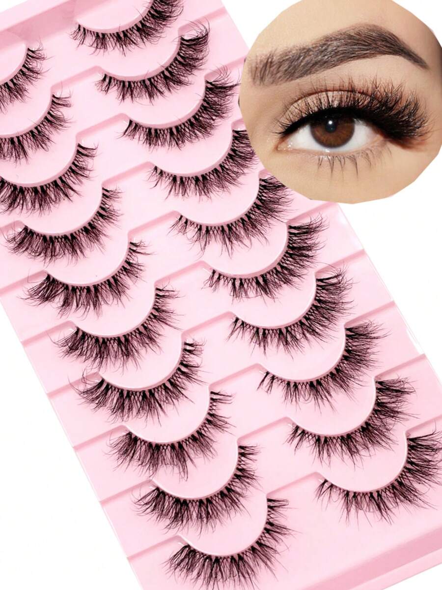 10 Pairs Transparent Band 3D Faux Mink False Eyelashes Soft Fluffy Natural Long Thick Volume Wispy Reusable Daily Wear Lashes - Black - View 1